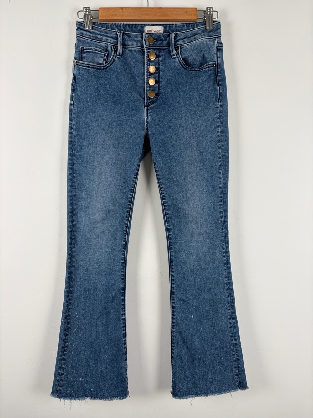 Driftwood Wyatt High Rise Button Fly Raw Hem Bootcut‎ Splatter Jeans 26